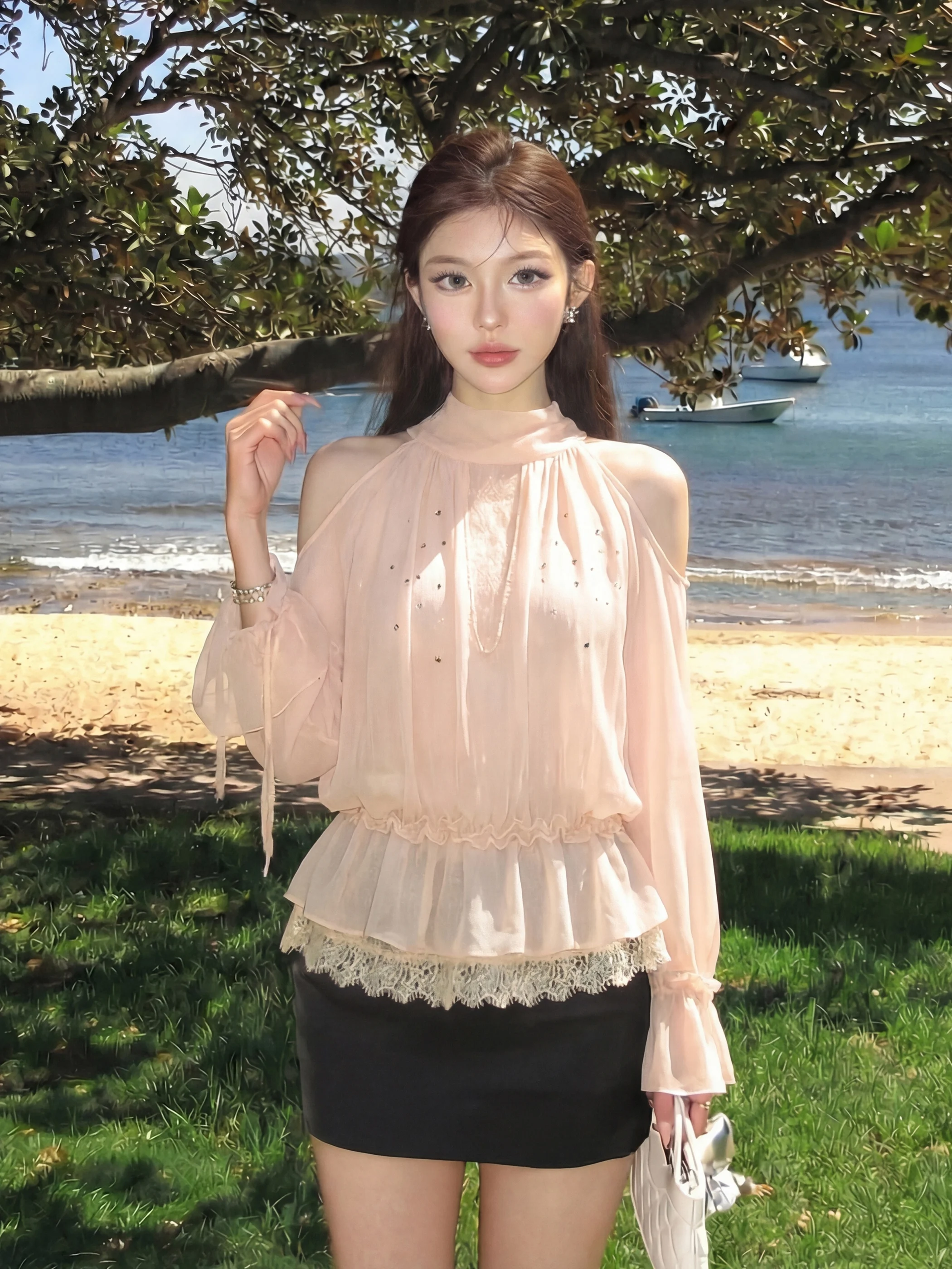 

Elegant Long Sleeve Chiffon Blouse Women's Loose Flowing Net Gown Spring Summer Vintage Style Decorative Diamond Fairy Top