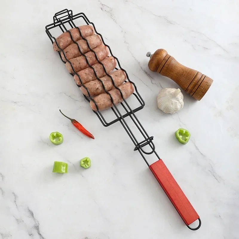 

1Pcs Camping Iron Hot Dog Barbecue Clip Non-Stick Ham Sausage Baking Net Clip Baking Basket Hotdog Bbq Basket