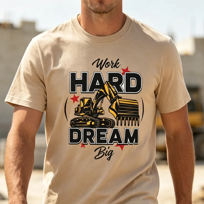 Work Hard Dream Big Construction Truck Motivational Quote T Shirt Graphic Tee Casual Streetwear for Men Women 100% Cotton Top