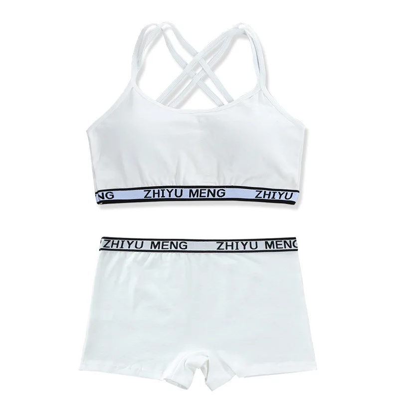 Teenager Girls Bra And Panties Set Casual Young Children Solid Cotton Padded Training Bra+Elastic Waist Brief Kids Underwear Set