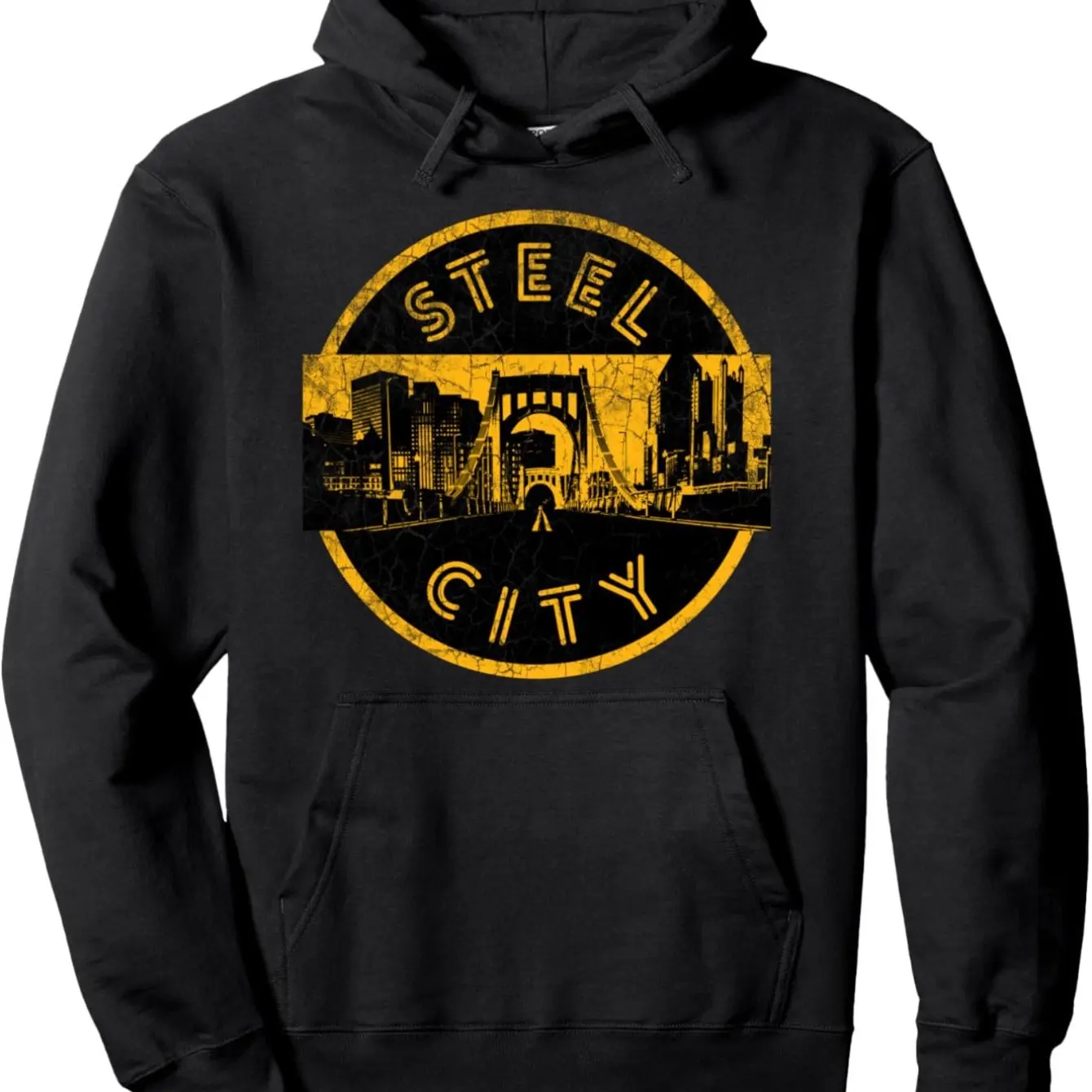 

Pittsburgh Steel City Skyline Bridge Printed Men's Hoodie Loose Version, Classic Crew Neck with Kangaroo Pocket and Drawstring