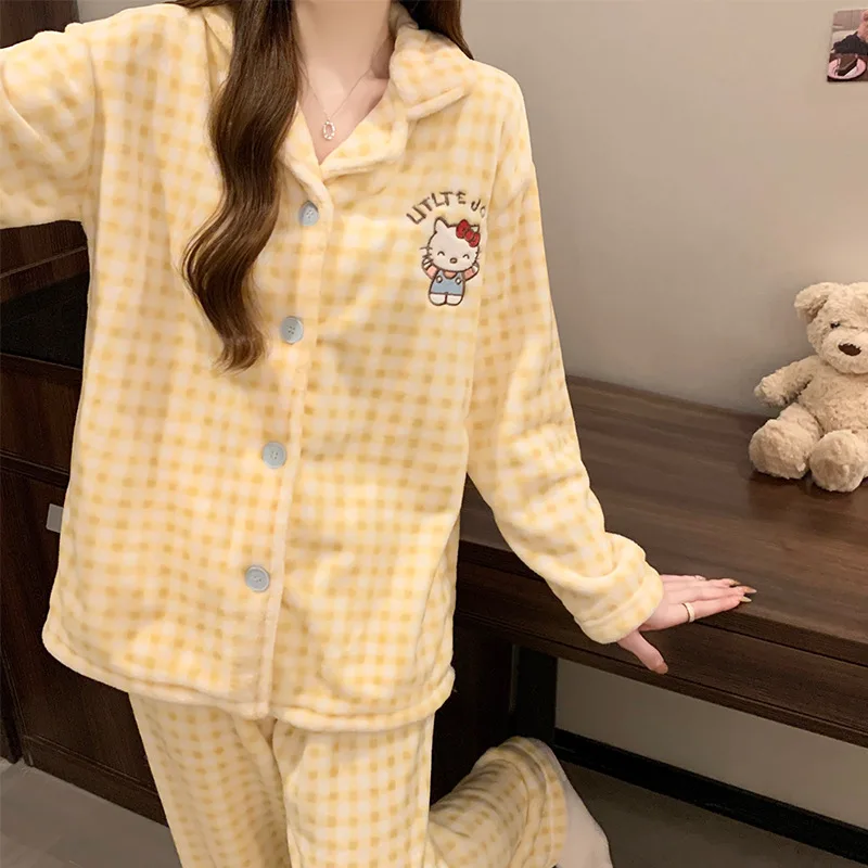

Студенческие толстые теплые пижамы Hello Kitty, 2 шт., женские осенне-зимние новые модные штаны с длинными рукавами в стиле каваи с героями мультфильмов, домашняя одежда
