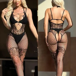 Bodysuit Hollow out pearl flower temptation tight mesh jumpsuit erotic lingerie woman clothing sexy femme women kinky outfits