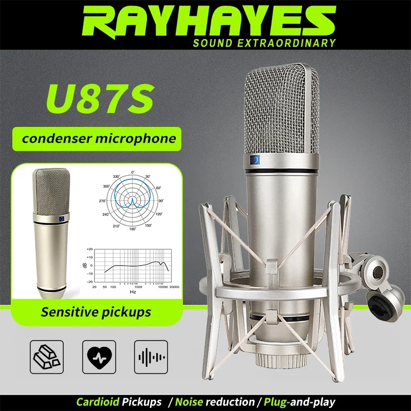 

RAYHAYES U87S Professional Condenser Microphone Cardioid pickup pattern With shock-absorbing stand
