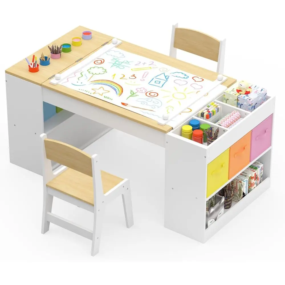 

Art Table and 2 Chairs Set, Wooden Craft Desk with 2 Storage Shelves, 6 Storage Bins & Paper Roll for Drawing, Learning and Read
