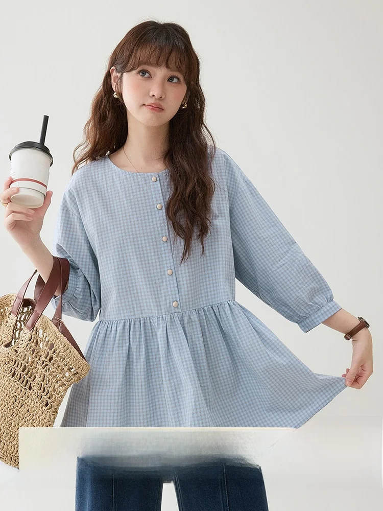 

AMUU Original Anti-Aging Blue Plaid Cotton Shirt Women's Spring New Loose Doll Shirt Top Korean Style Eight-Sleeve Blouse