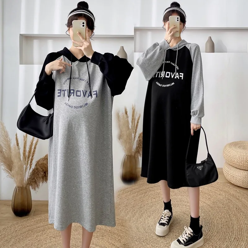 

Autumn and Winter Plus Size Pregnant Women Cotton Dress Letters Printed Maternity Fleece Dress Block Color Patchwork Dress Loose