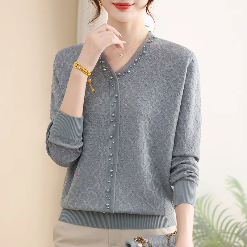 

Short Women Sweater Coat Elegant Pull Femme Woman Clothes New Knitwear V Neck Long Sleeve Tops Female Blouse Beading Pollovers