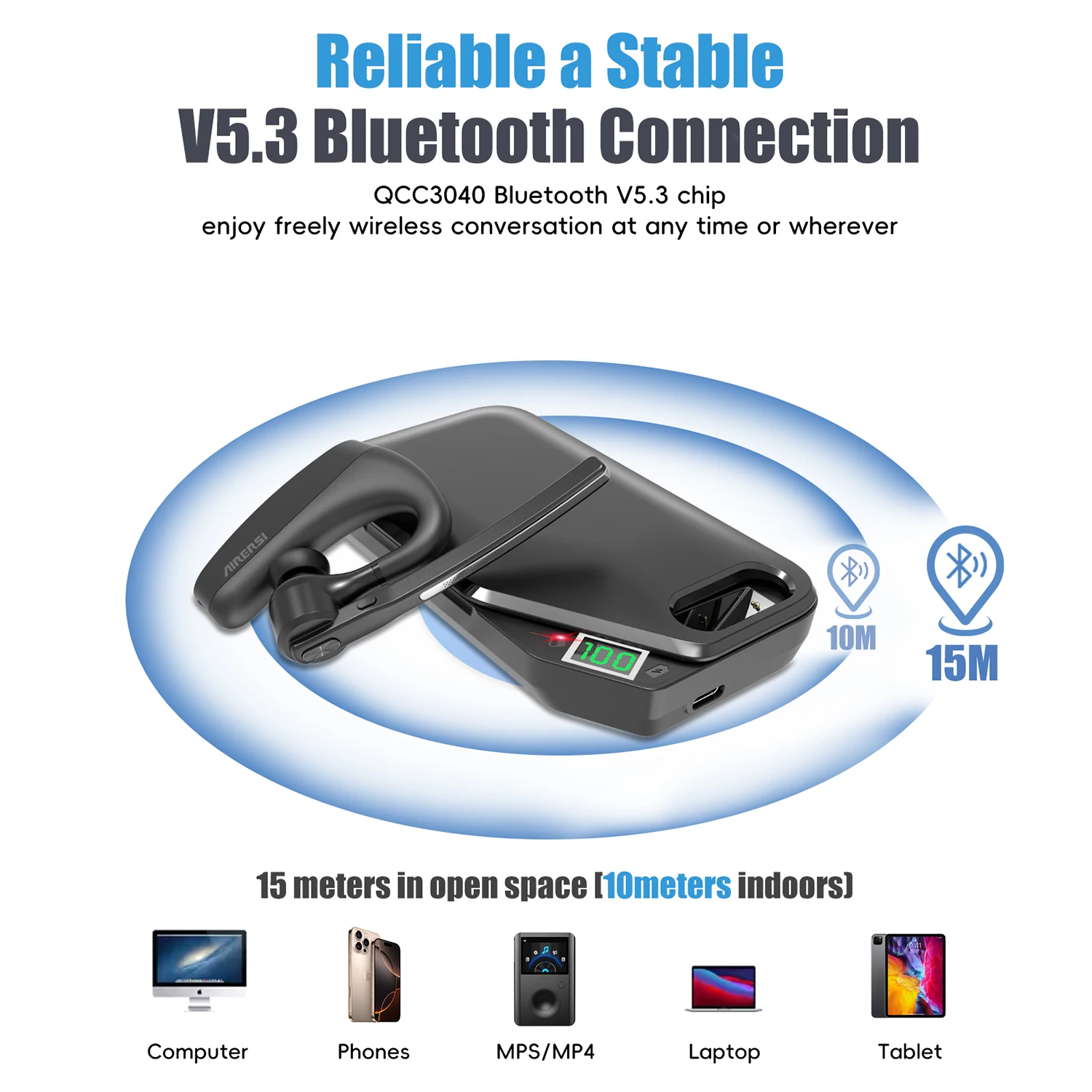 سماعات بلوتوث لاسلكية مع علبة شحن سماعات بلوتوث مع ميكروفون مزدوج لإلغاء الضوضاء لمكتب سائق الشاحنة