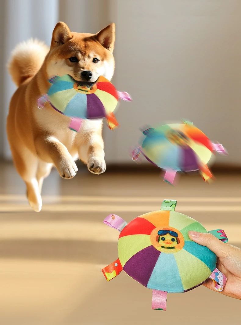 Funny Rainbow Plush Flying Saucer Dog Toys Outdoor Interactive Training Games Chew Toy Pets Flying Discs Toys with Bells