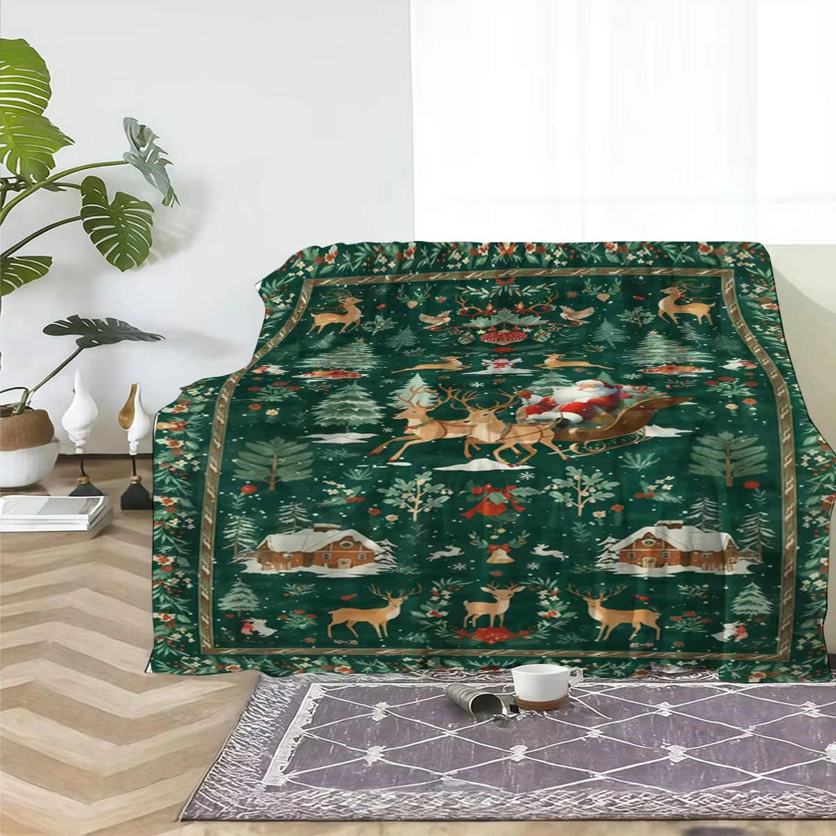 بطانية سانتا والرنة الفانيلا - رمي مطبوع باللون الأخضر الاحتفالي لراحة ناعمة ومريحة على الأريكة ووقت القيلولة