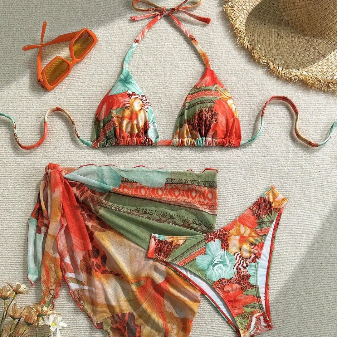 2026 3-teiliges Bikini-Trend-Set für Damen, Schürzen-Stil, vertuschender Blumendruck, verstellbare Krawatten, Badeanzug, Sommerurlaub, Blumen-Badebekleidung