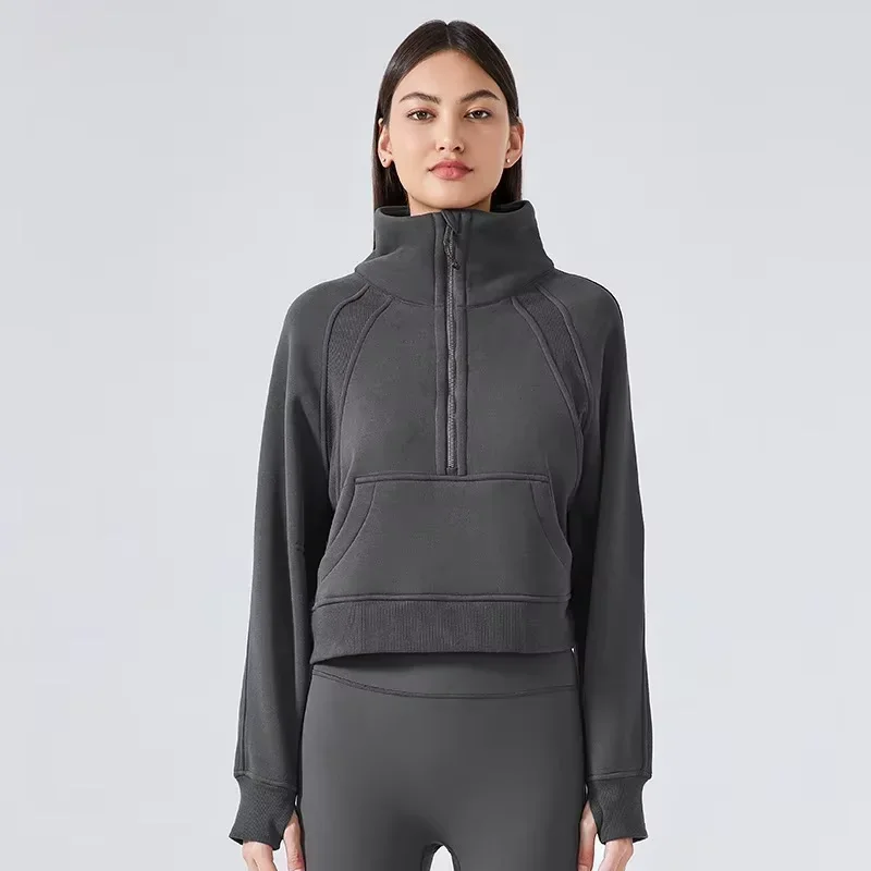 

Thicken Women High-neck Half-zip Sports Jackets Outdoor Cycling Windproof Hoodie Gym Training And Exercise Yoga Sportswear