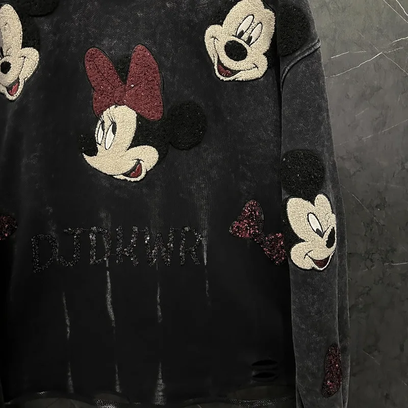 Autumn Heavy Industry New Style Distressed Embroidered Cartoon Crew Neck Sweatshirt Women's Loose Casual Versatile Pullovers Top