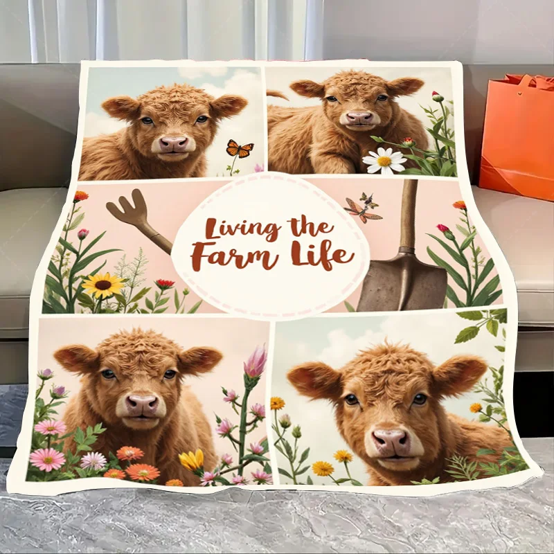 

1pc Flannel Blanket "Cute Calf Farm Life Blanket with Floral Design for Cozy Living"