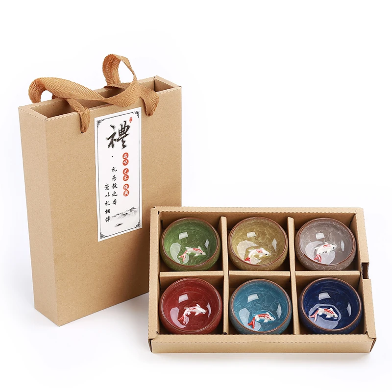 Gift Package 6pcs 3D Golden Fish China tea cup set,Kung Fu Tea Set Crackle Glaze Travel Tea Bowl Chinese Teacup Sets view 2