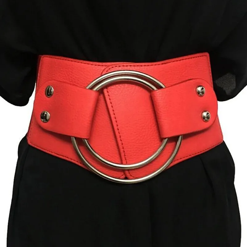 Fashion Elastic Wide Belt Strap Vintage Women Faux Leather Buckle Elastic Wide Belt Strap Solid Color Waistband