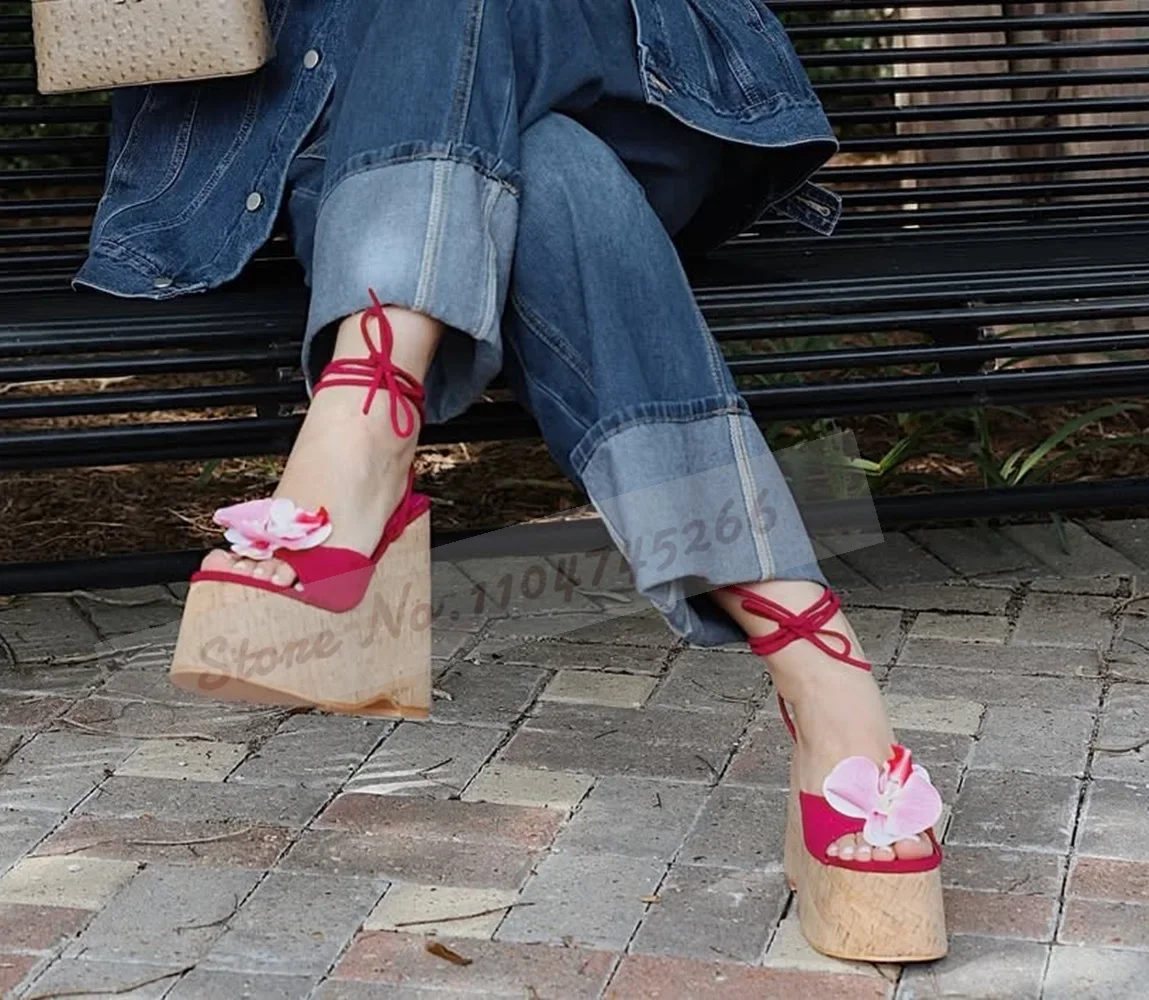 النساء السماء عالية الفلين منصة ثلاثية الأبعاد زهرة الصنادل نمط خشبي إسفين كعب الوردي الأزهار زهر فستان مضخات الدانتيل متابعة حذاء أحمر