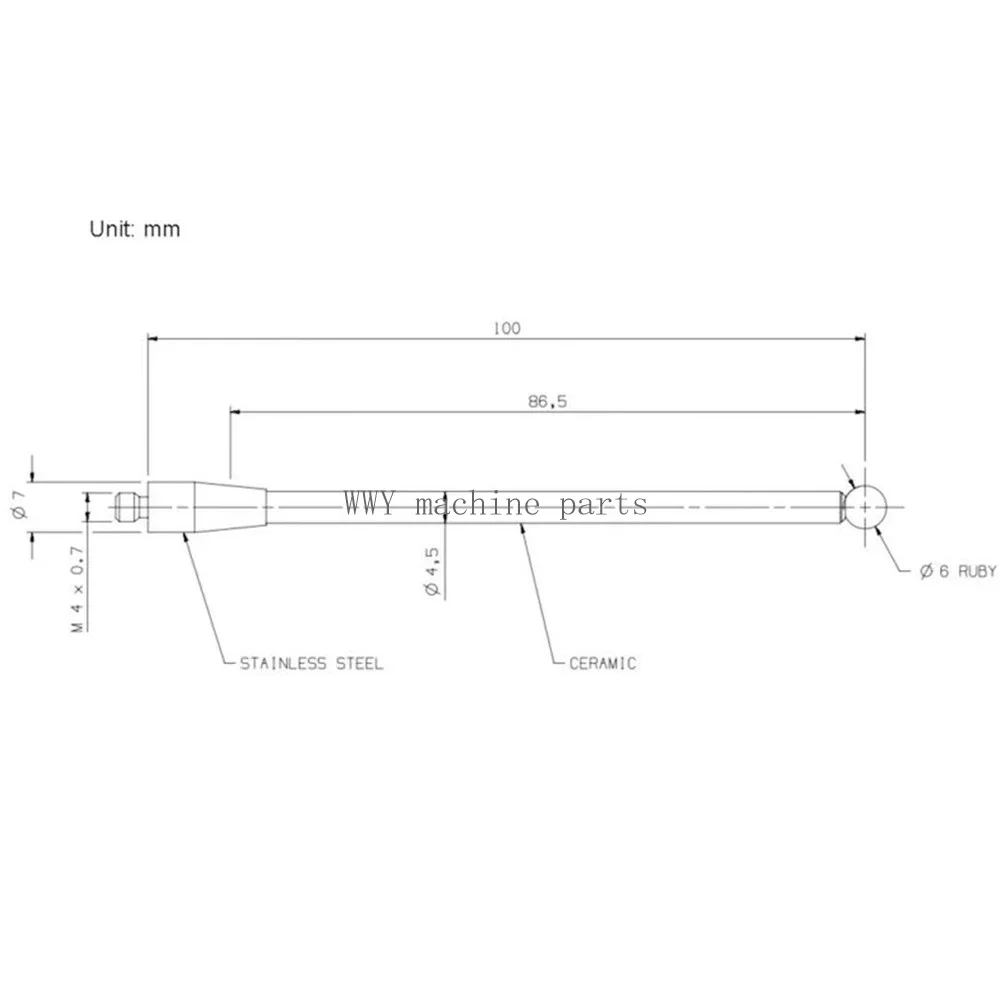 100mm Touch Dial Indicator Probe CMM Probe Stylus 6mm Rubyball CNC Probe Tip Ceramic Shaft M4 Threaded Handle A-5000-3712