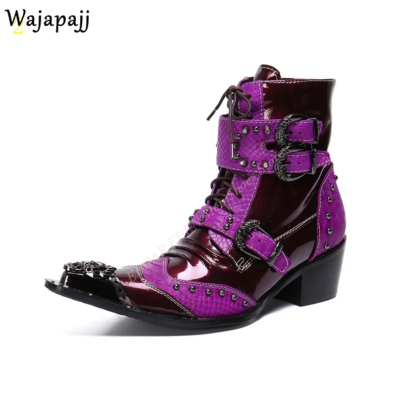 Fashion English Style Men Wine Red Purple Mixed Color Leather Ankle Boots Pointed Toe Lace Up Zipper Party Wedding Casual Shoes