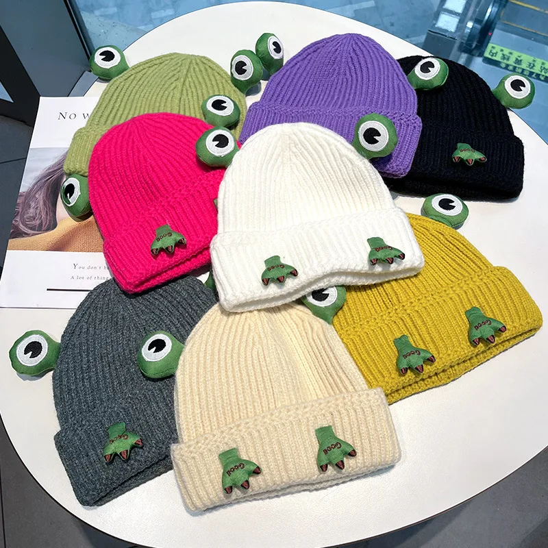 Autumn Frog Cute Beanie For Women Winter Kpop Thicken Warm Knitted Hat Fashion Student Skullies Cold Cap Streetwear