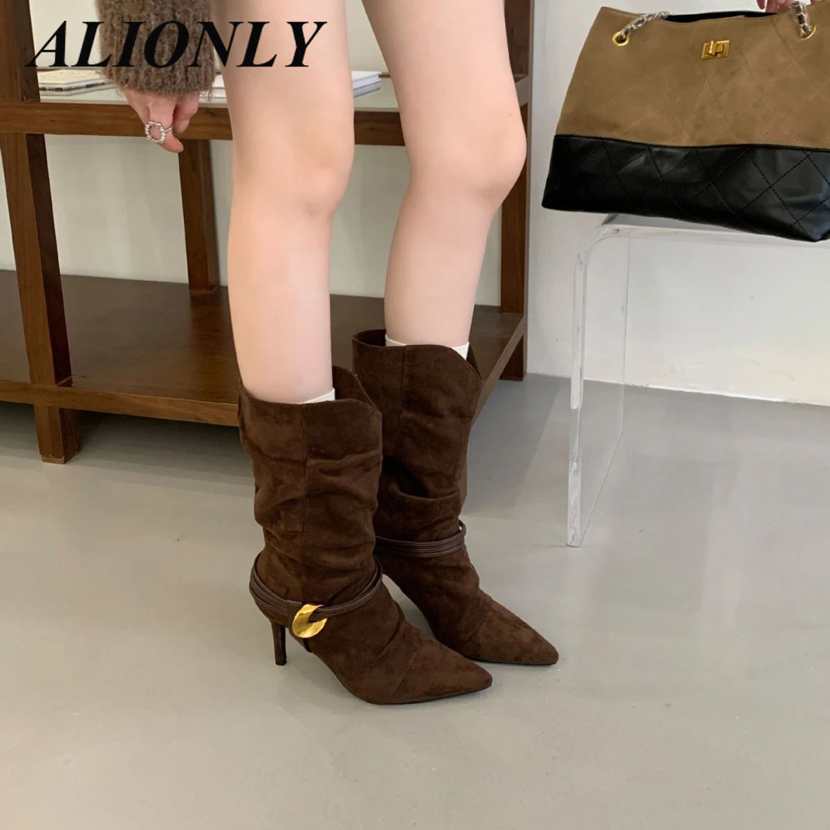 

Alionly 2026, новые дизайнерские женские сапоги до колена на танкетке, модные длинные ботильоны с пряжкой на ремне, уличная зимняя обувь