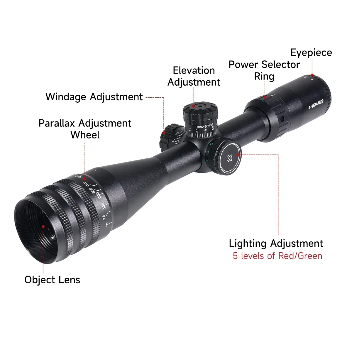 Tactical 4-16x44 AOE Scope Adjustable Green Red Illuminated Reticle Optic Sight Outdoors Shooting Rifle Scope 11mm/20mm Mount view 4
