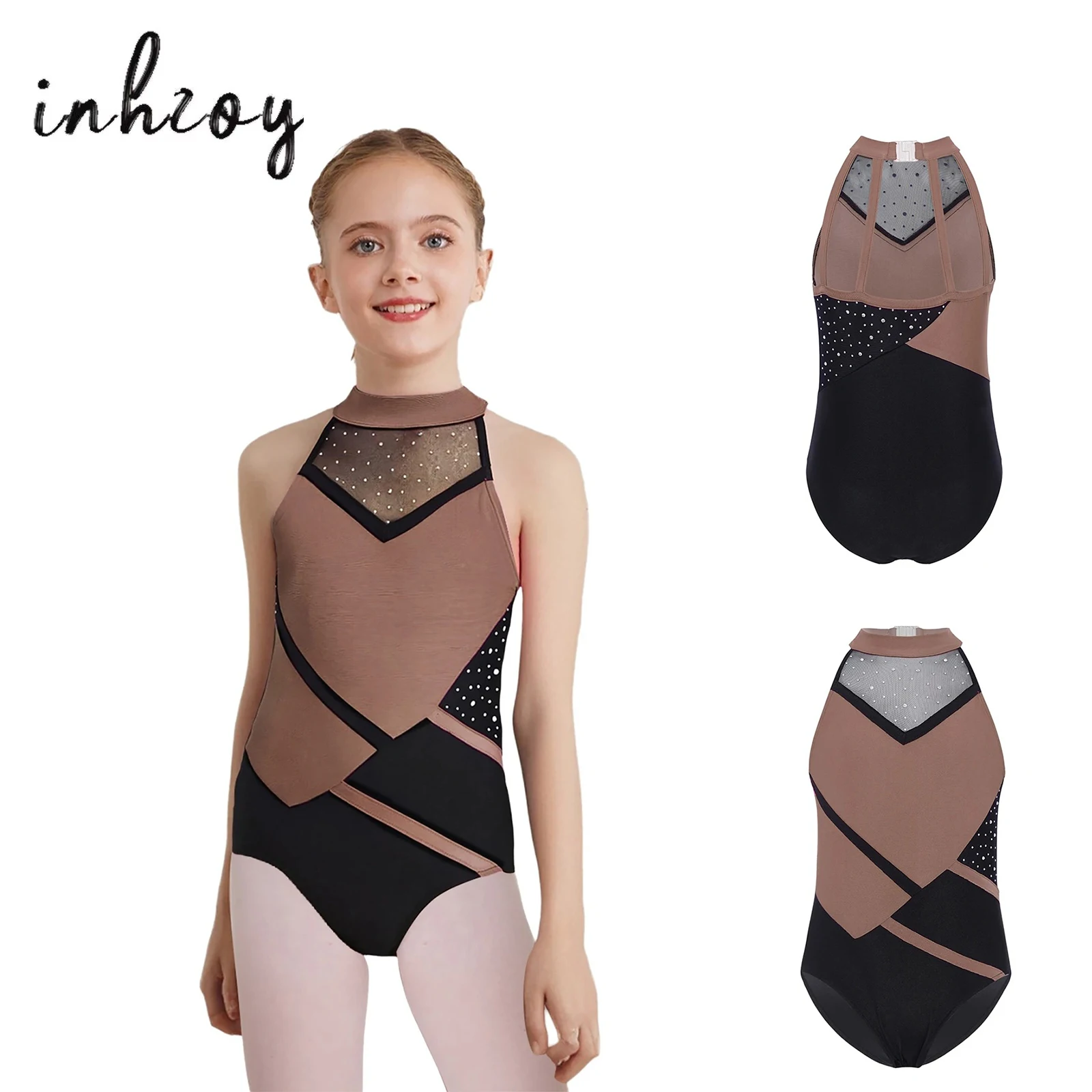 

Kid Girls Acrobatics Gymnastics Dance Leotard Sleeveless Color Block Rhinestones Unitard Figure Skating Ballet Dance Bodysuit