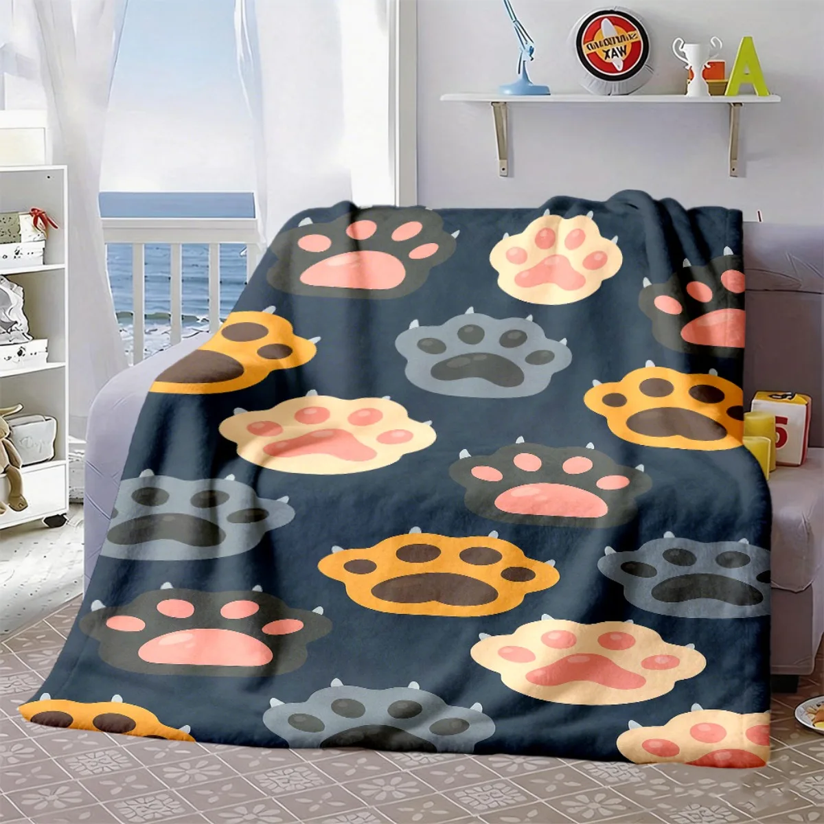 Deep Navy Base Colorful Cartoon Kitten Paw Sweet Paw Pad Repeat Art Print Flannel Blanket Cozy Throw for Couch Travel Indoor