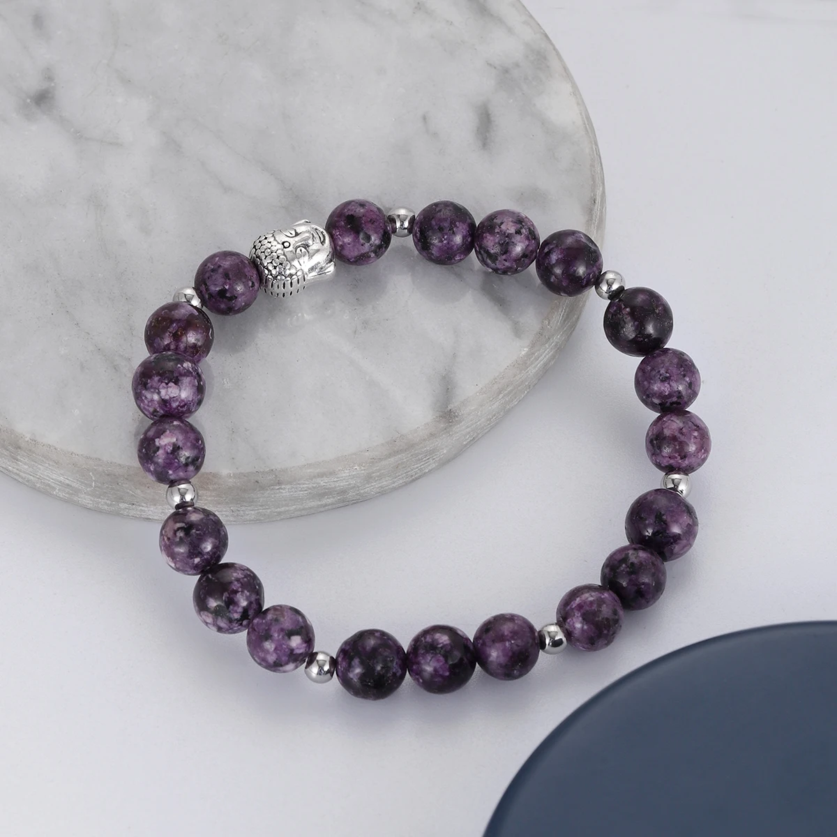 Bracelet en pierre de granit violet 8mm, fil de perles en pierre naturelle, tête de bouddha, ethnique, bijoux bouddhistes de prière pour femmes