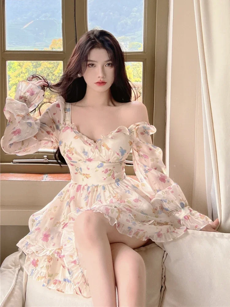 

Summer Sweet V-Neck Floral Chiffon Dress Women Elegant Long Sleeve Ruffles Party Mini Dresses Female Korean Chic Slim Vestidos