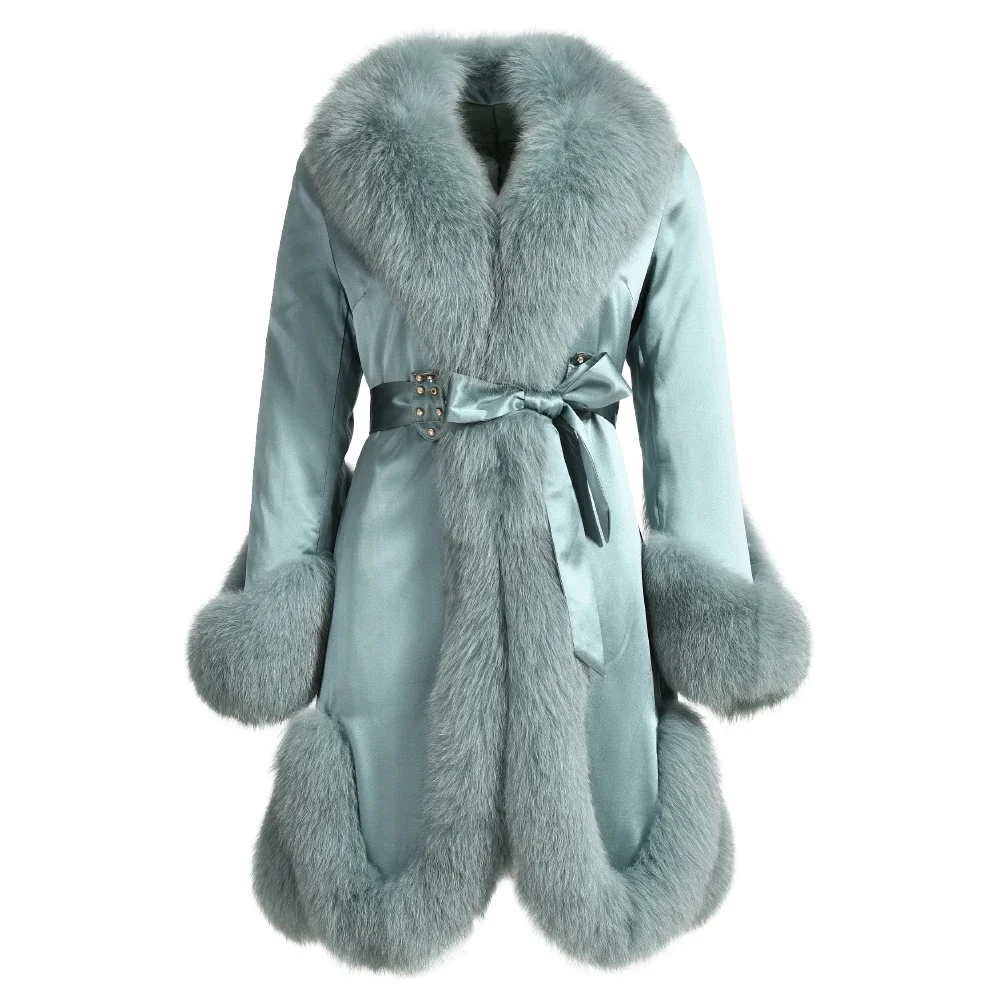 Factory Wholesale Winter Warm Thick Anti-shrink 100% Silk Long Trench Coat Ladies Fluffy Real Fox Fur And Silk Coat