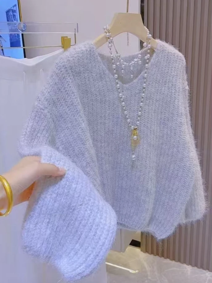 Корейский мягкий пуловер с v-образным вырезом в стиле ретро, женский осенне-зимний вязаный топ свободного покроя, длинный све, теплый термобелье