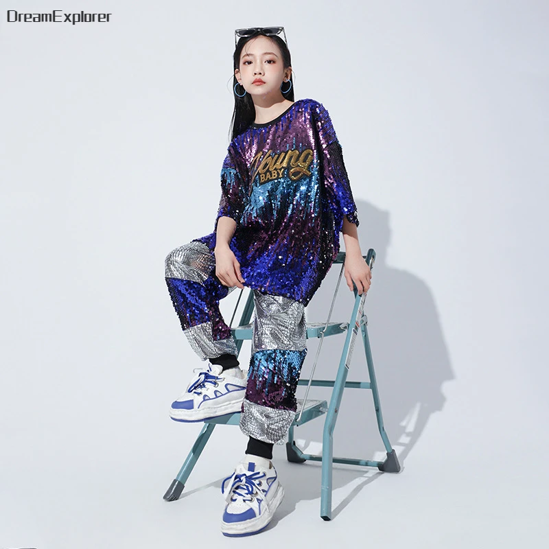 Boys Sequin Contrast T-shirt Hip Hop Joggers Girls Streetwear Kids Street Dance Shorts Clothes Sets Children Jazz Stage Costumes