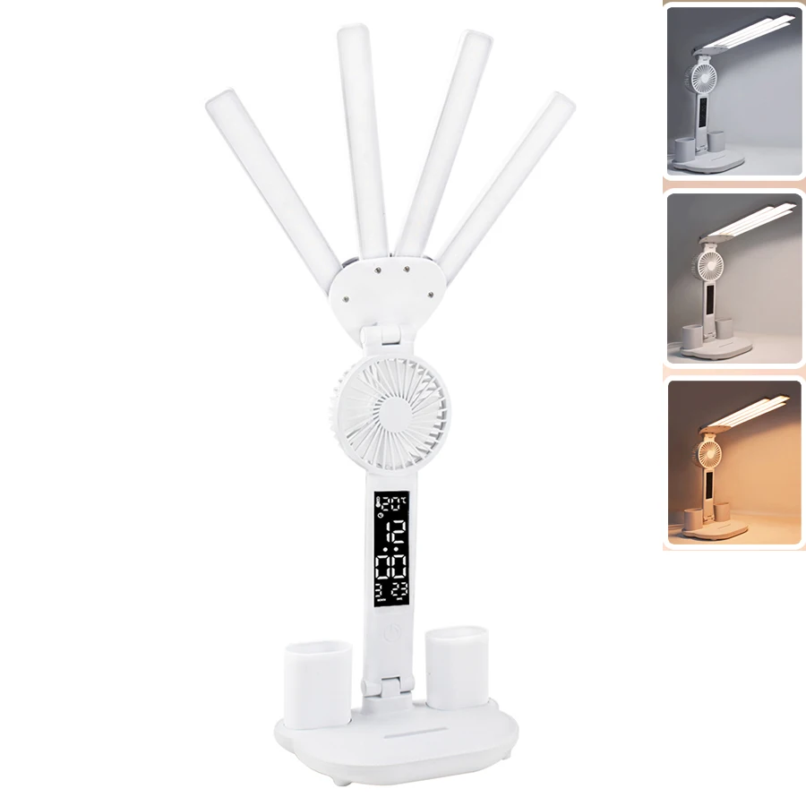 Four-Head Folding Eye Protection Reading and Learning Desk Lamp Adjustable Clock Fan Lamp Dormitory Touch Bedside Night Light