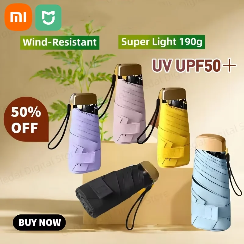 Xiaomi Kapselschirm, kleiner Taschen-Regenschirm, Vinyl, faltbar, UV-Ultraviolett-Schutz, ultraleichter Regenschirm mit doppeltem Verwendungszweck, Neu