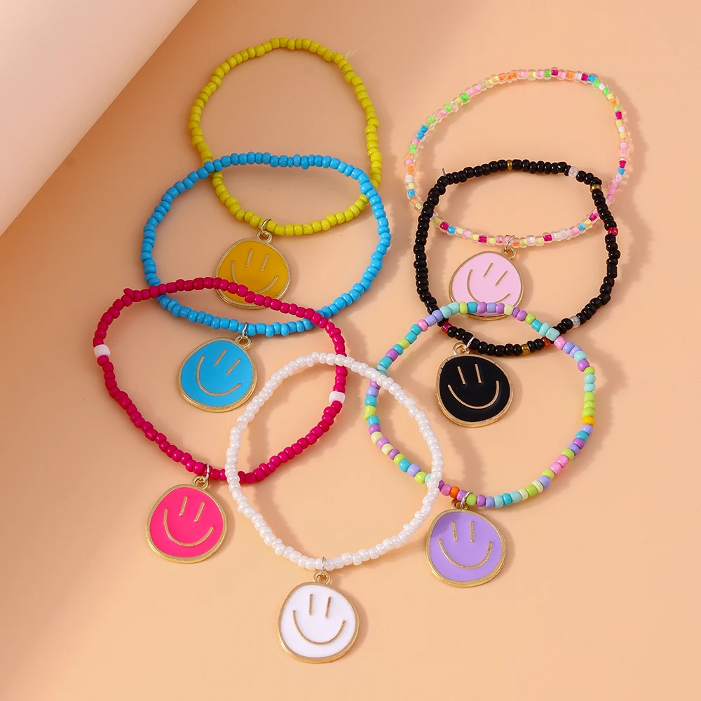 أيهوا-أساور مطرزة مرنة للنساء والفتيات ، سوار مصنوع يدويًا مع ابتسامة على الوجه ، مجوهرات صداقة ، 7 * #5