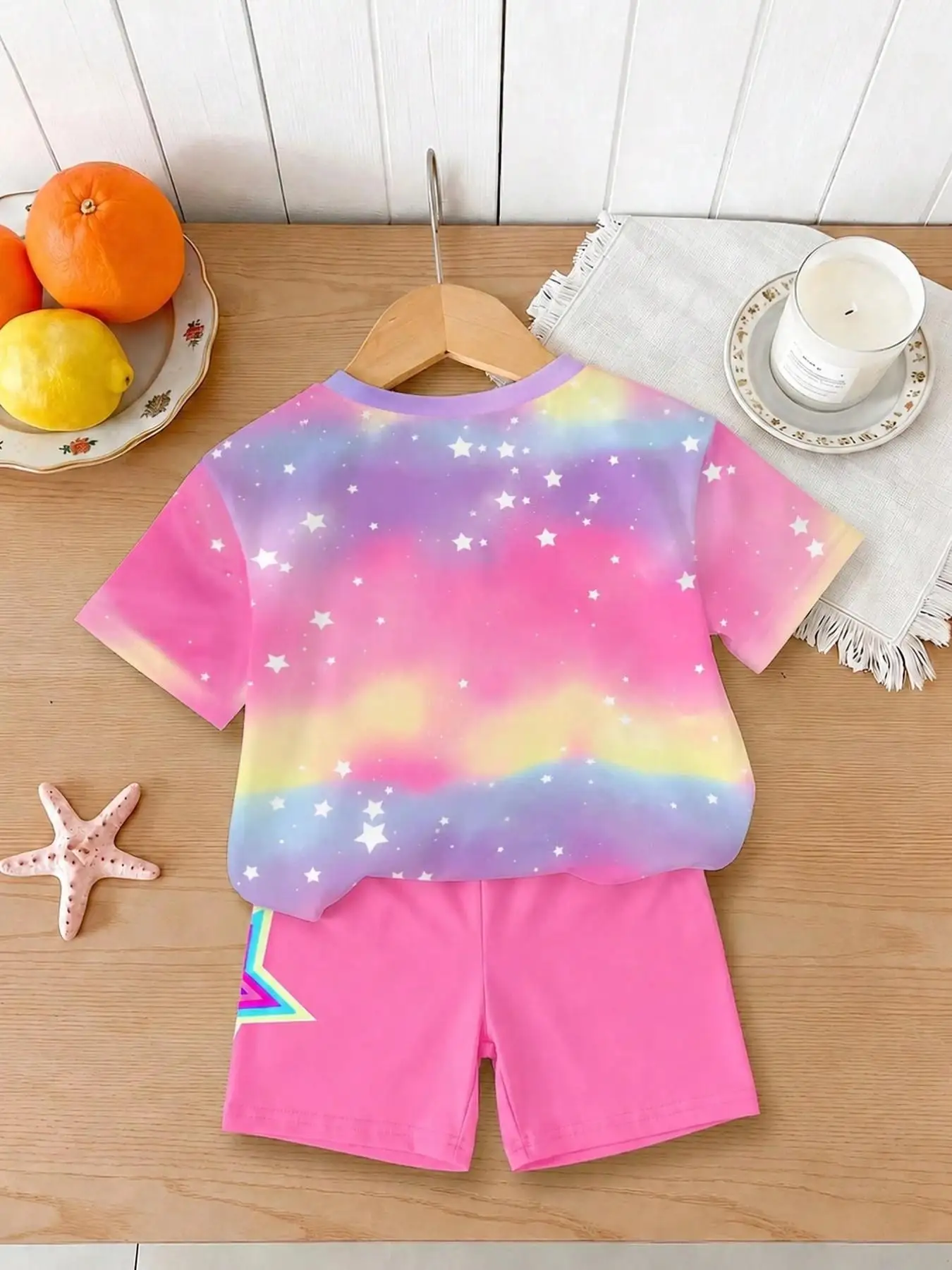 Trendy street-style two-piece outfit for girls featuring a gradient starry-sky cartoon print; includes a soft short-sleeved T-sh view 2