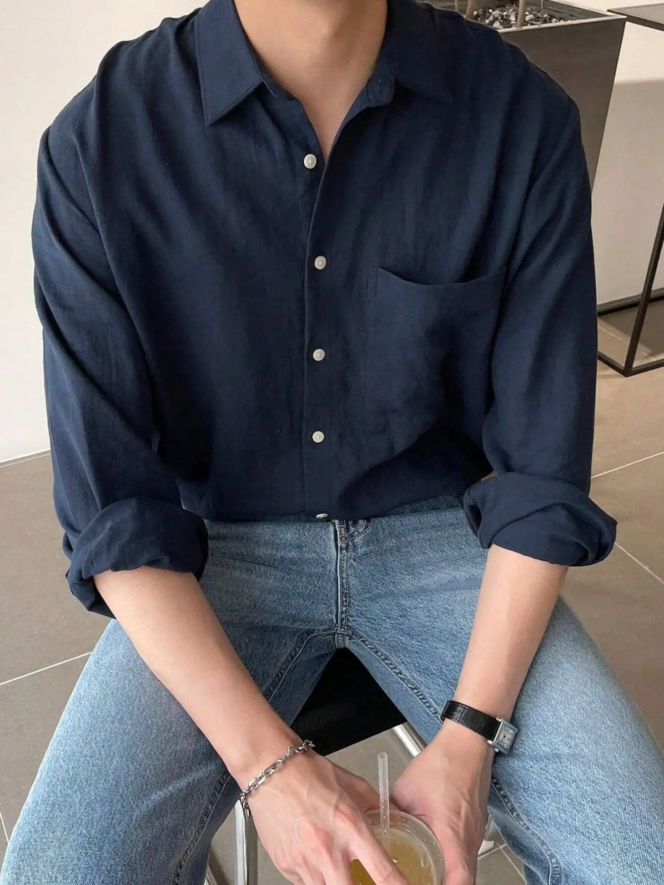 

Men's Navy Blue Solid Button-Front Long Sleeve Shirt with Chest Pocket
