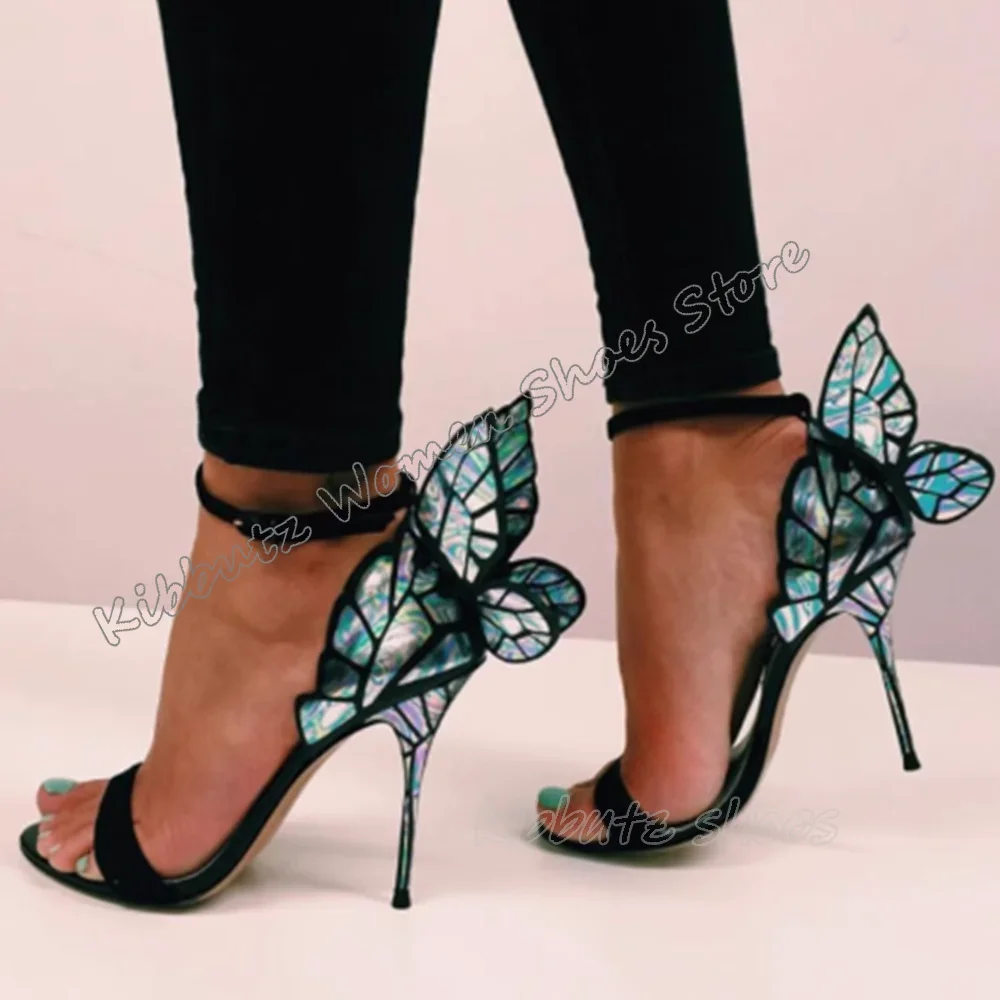 Butterfly Sandals Genuine Leather Round Toe Thin Heels Mixed Color Ankle Strap Fashion Elegant Party Dress Women Shoes Newest