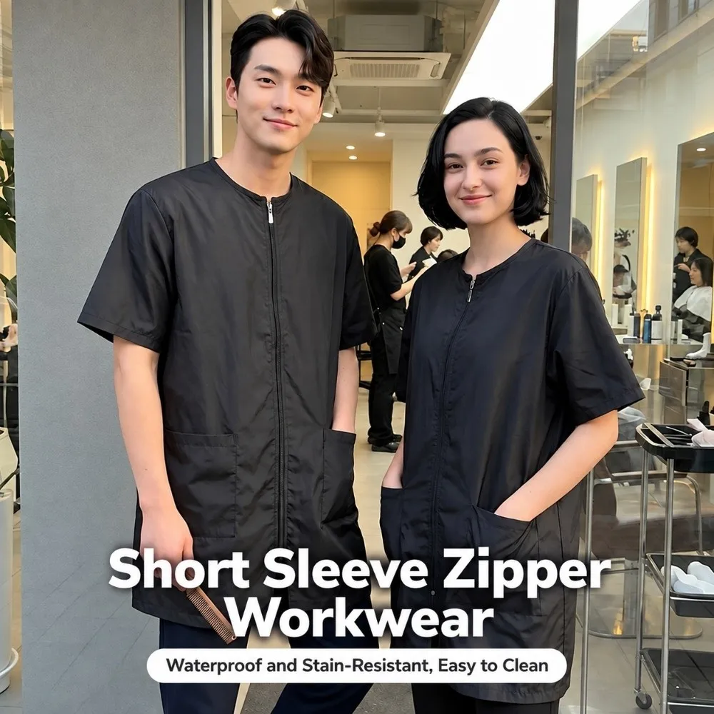Short/Long Sleeve Barber Shop Work Clothes Anti Static Washable Hairdresser Robe Breathable Grooming Uniform Hair Salon