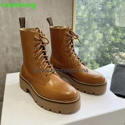 Thick Sole Lace-up Motorcycle Boots For Female Women 2024 Autumn/winter New Round Toe Leather Flat With Luxury Casual Shoes
