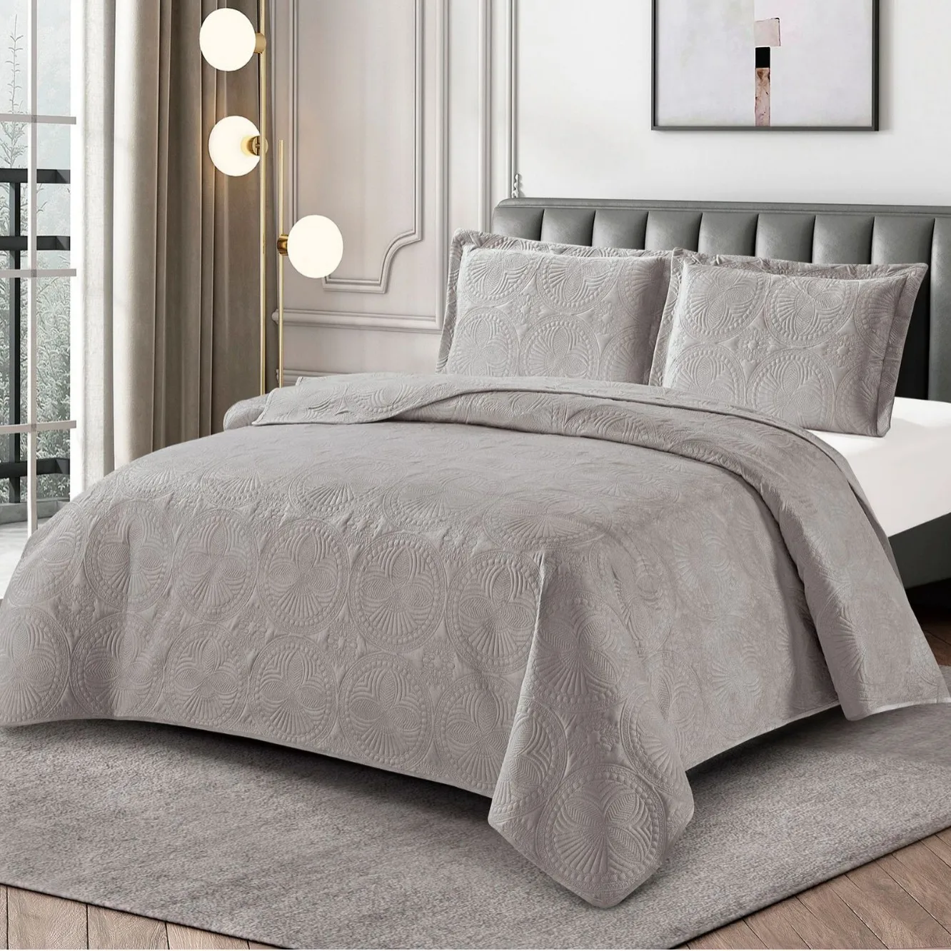 Soft Plain Ultrasonic Embossing Quilt Set 3pcs, Classic Pattern Lightweight Cotton Bedspread, Wrinkle-Free Sheet for All Seasons