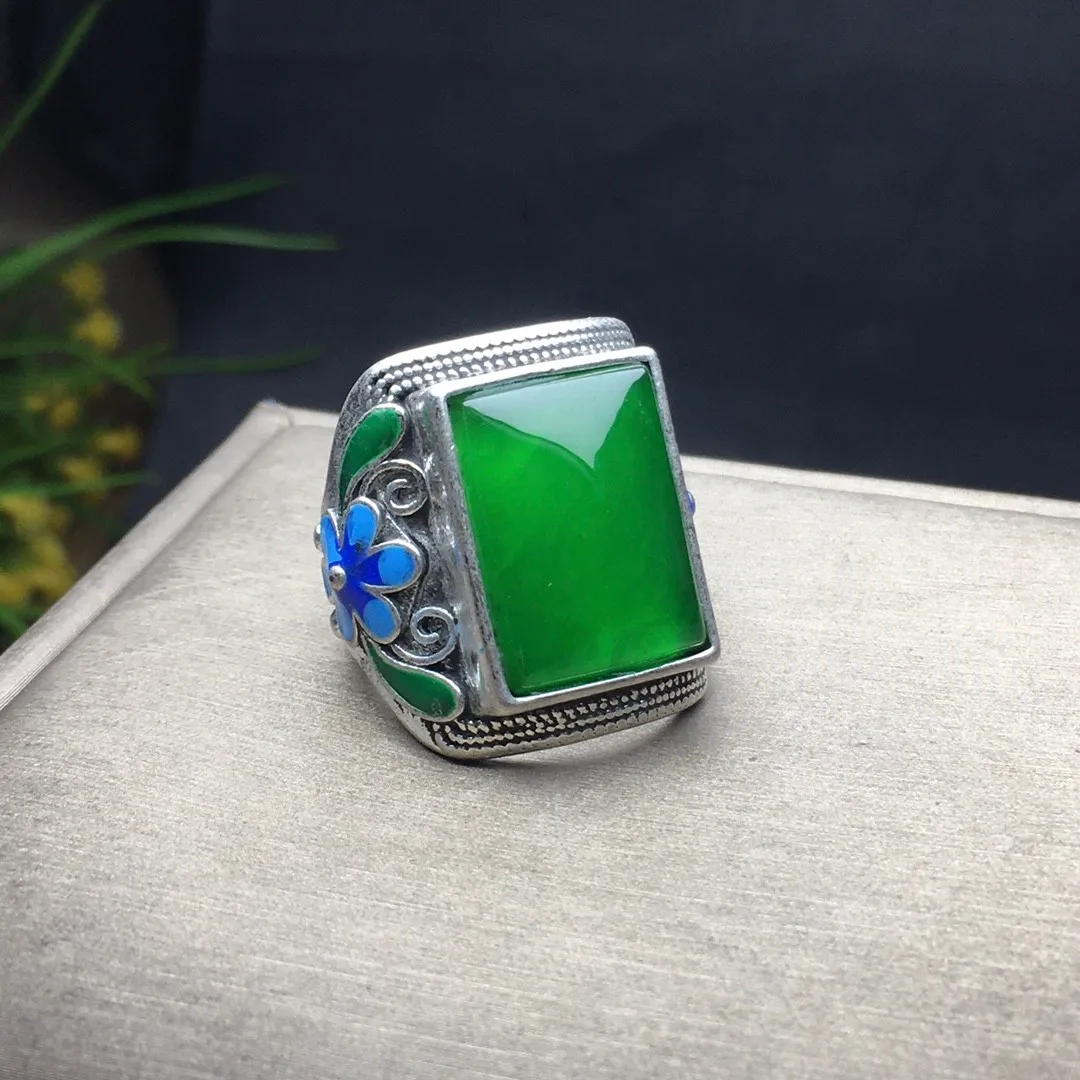 Natural Green Jade Rectangular Ring Men Women Fine Jewelry High Ice Grade A Myanmar Jadeite Cloisonne Enamel Square Jades Rings