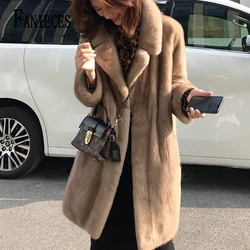 Fanieces braunes Revers Kunst pelz langer Mantel Frauen Fleece langer Nerz Mantel Winter Plüsch warm verdicken Oberbekleidung Luxus Pelz jacke