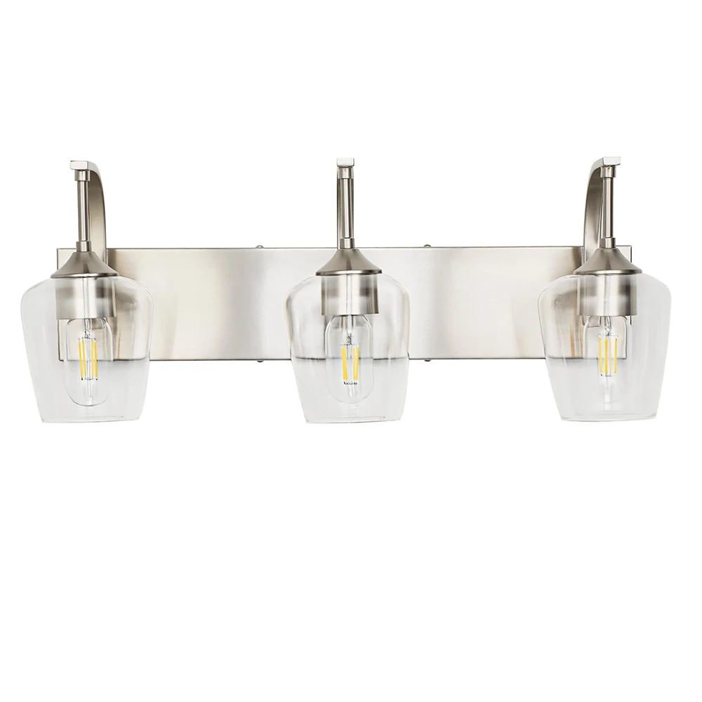 Brushed Nickel 3-Light Vanity Light | E26 Ceramic Sockets, Clear Goblet-Shaped Shades, 22.05-Inch Backplate, Max 60W, Supports Upward or Downward Installation