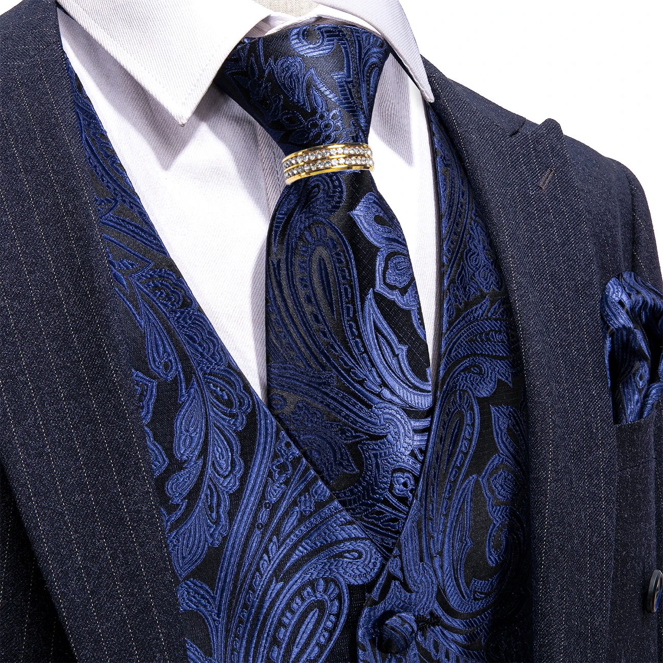 Navy Subtle Paisley V-Neck Vest Accessory Set Tie Pocket Square Cufflinks Ring For Prom Guest Gathering