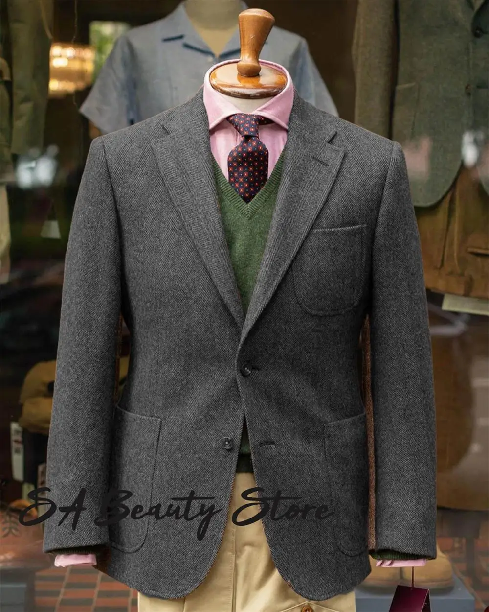 

Мужские куртки Блейзер Regualr Fit с лацканами «елочка» Однобортное серое классическое деловое пальто