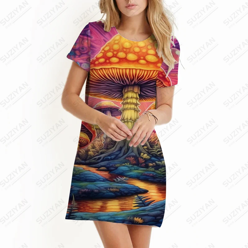 New Summer Ladies Short Sleeve Dress Colorful Mushroom 3D Printing Dress Fashion Versatile Dress Casual Party Dress