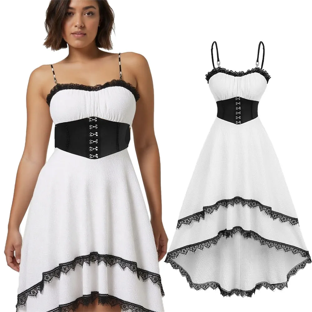 Abiti da canotta casual bianchi Abito da donna con pannello increspato con gancio e occhiello in vita con ciglia in pizzo Abito alto basso con camicetta